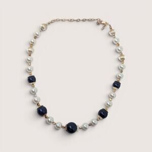 Vintage George Blue White and Gold Glass Bead Necklace